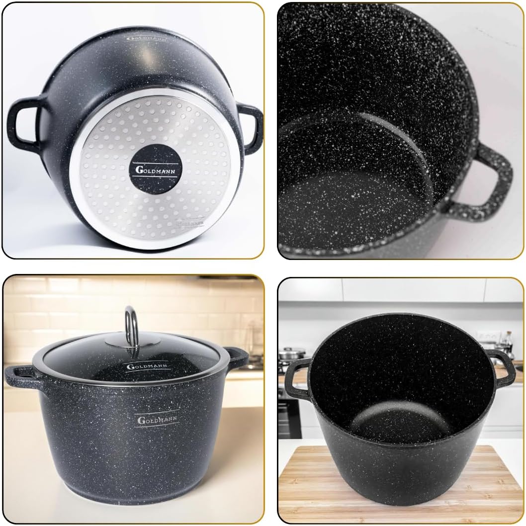 GOLDMANN 28 CM - 10L - Aluguss-Kochtopf/Suppentopf mit Glasdeckel und Silikongriffen, Marmor-Keramik