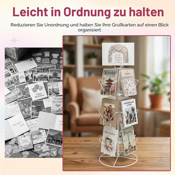 3-Stufiger Postkartenständer, Kartenständer Drehbar mit 12 Fächern, Postkarten Ständer für Postkarte