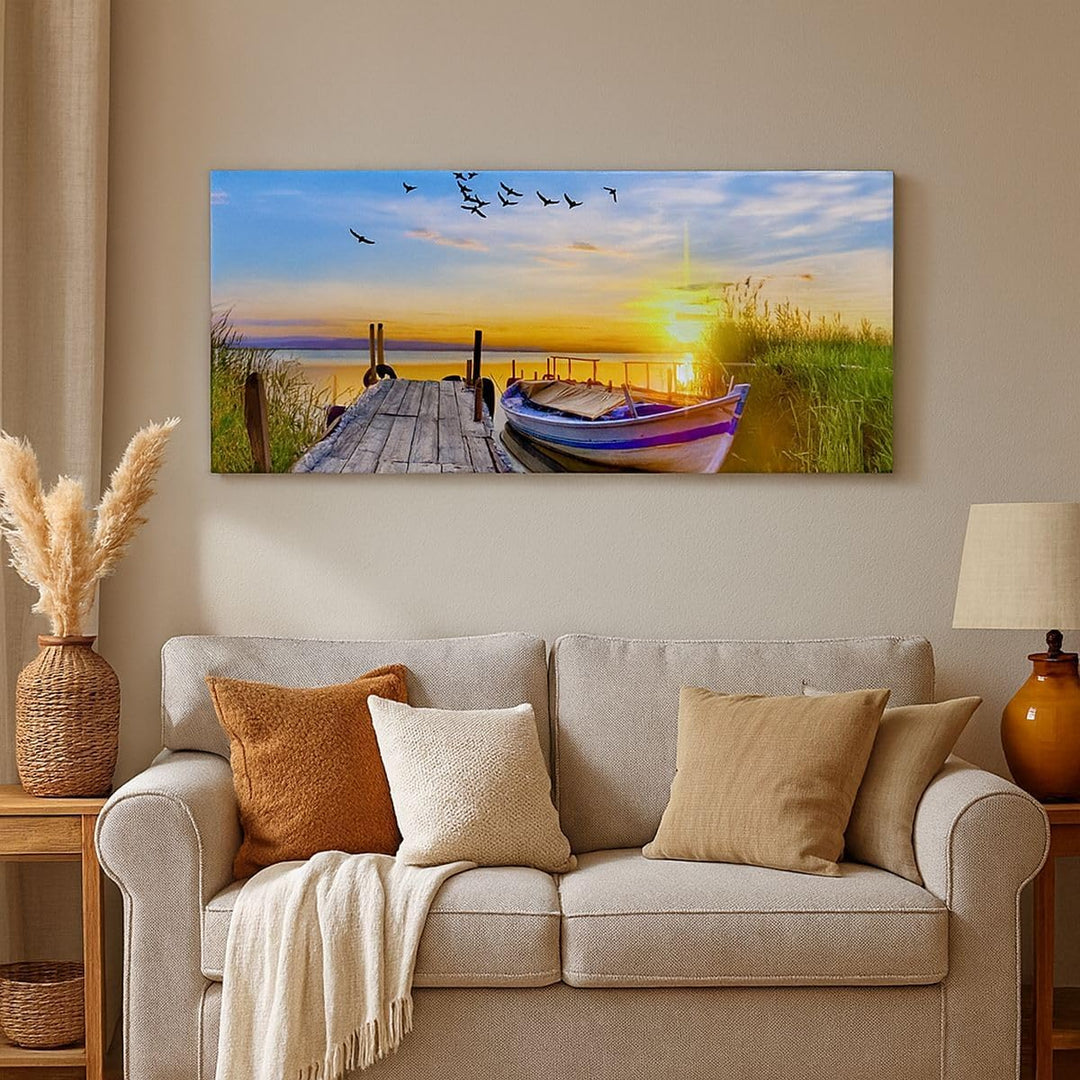 Wandbilder Dekoration Wohnzimmer See Boot Wasser Panorama Bilder auf Leinwand 120x50cm Leinwandbild