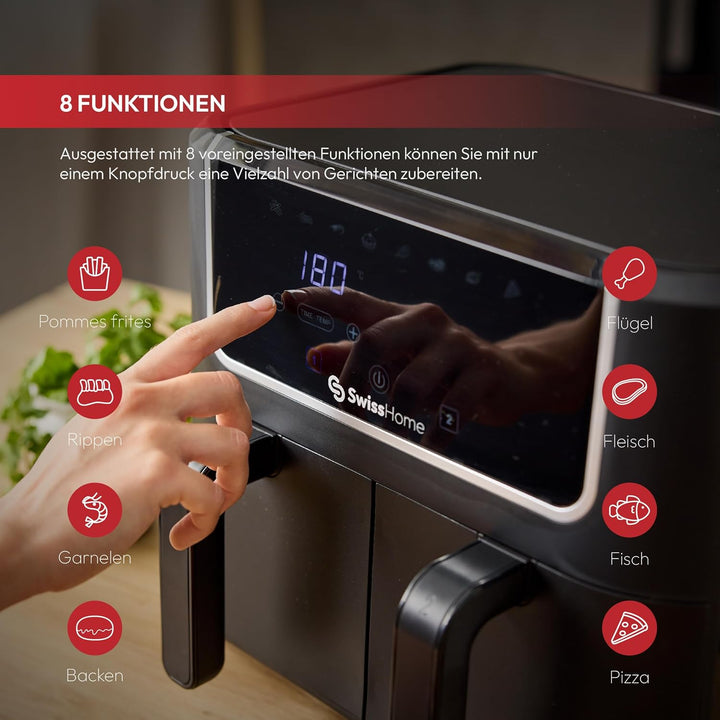 Z SwissHome DARK - Luftfritteuse 2100W - 2 Töpfe 3L - 8 Funktionen - LED-Touchscreen - Antihaftbesch