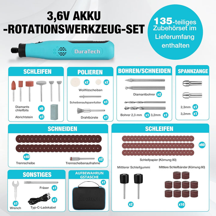 DURATECH 3,6V Akku Multifunktionswerkzeug, Kabellos Rotationswerkzeug mit 135 Zubehörteilen, 6 Gesch
