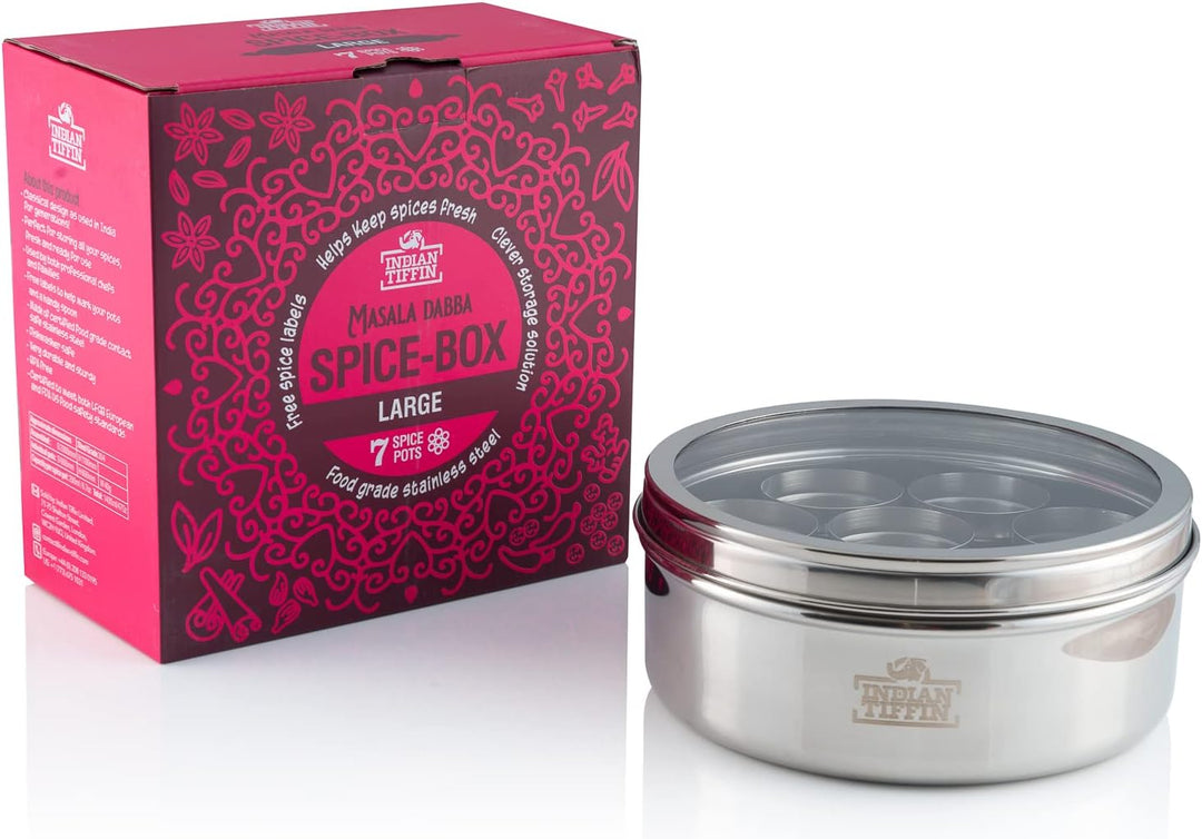 Indian Tiffin Masala Dabba Luftdichter Gewürzbehälter - Lebensmittelqualität aus Edelstahl - mit Gew