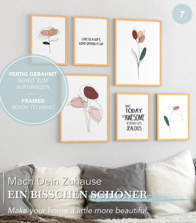 Papierschmiede® Mood Poster Set Blumen Abstrakt, Fertiges Bilder Set mit Rahmen (Holz, Natur), Wohnz