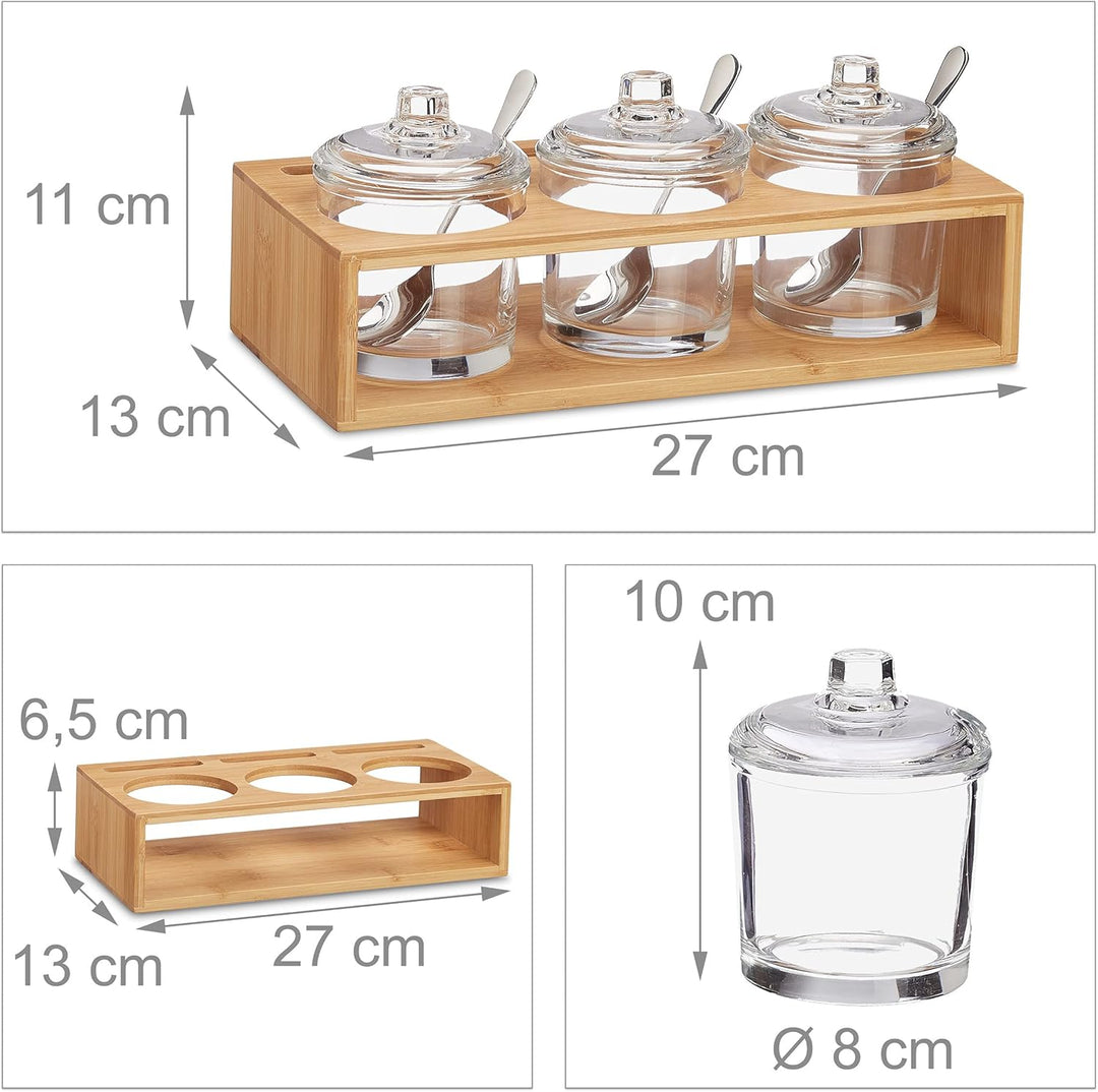 Relaxdays Gewürzgläser 3er Set, mit Bambus Halter, Glas Zuckerdose mit Löffel & Deckel, Salzbehälter