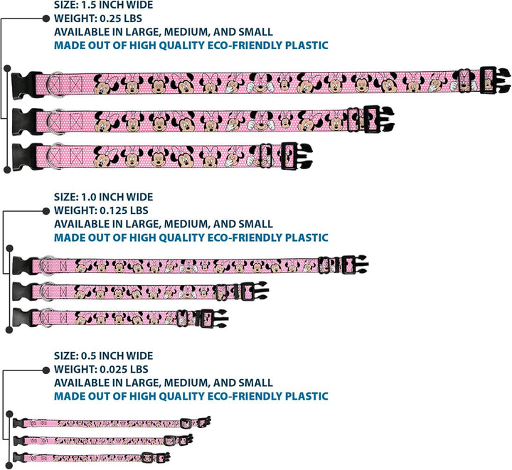 Buckle-Down Plastic Clip Collar - Minnie Mouse Expressions Polka Dot Pink/White - 1.5" Wide - Fits 1