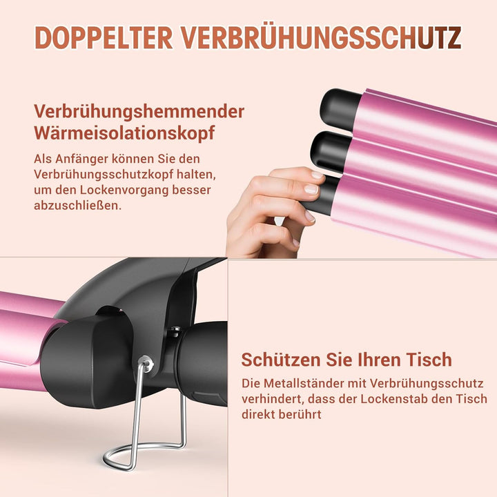 Lockenstab 3 Fässer, Beach Waves Welleneisen mit einstellbarer Temperatur, PTC Schnellheizung Schnel