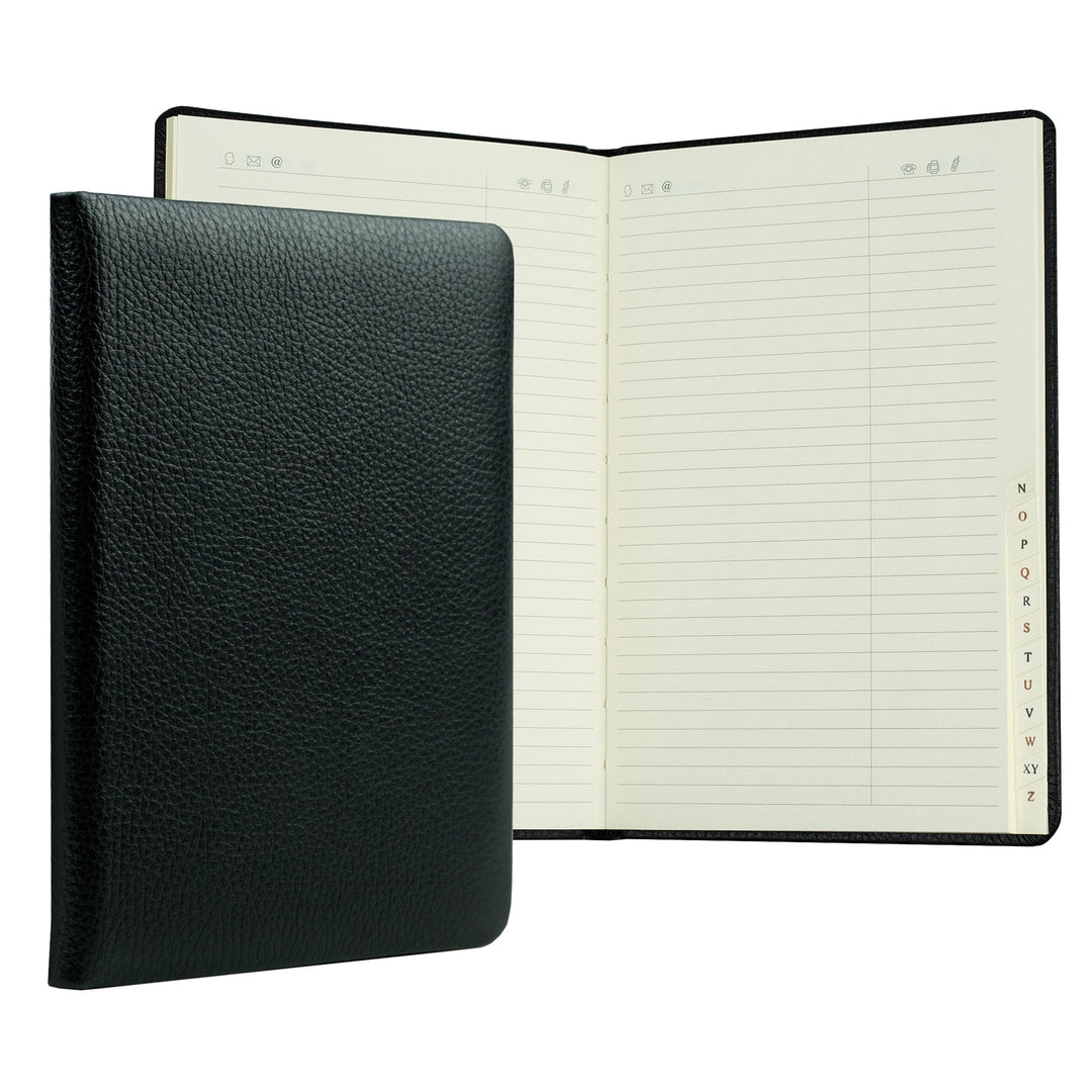 DELMON VARONE - Personalisierbares Adressbuch DIN A5 gebunden mit A-Z Register Softgrain Leder schwa
