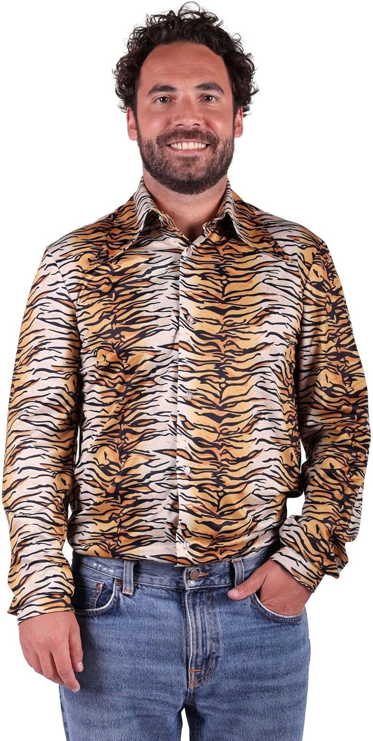 Herren Hemd mit Tiger Print Tiger King Lude Zuhälter Joe Exotic Brauntöne Tigermuster S Braun/Schwar