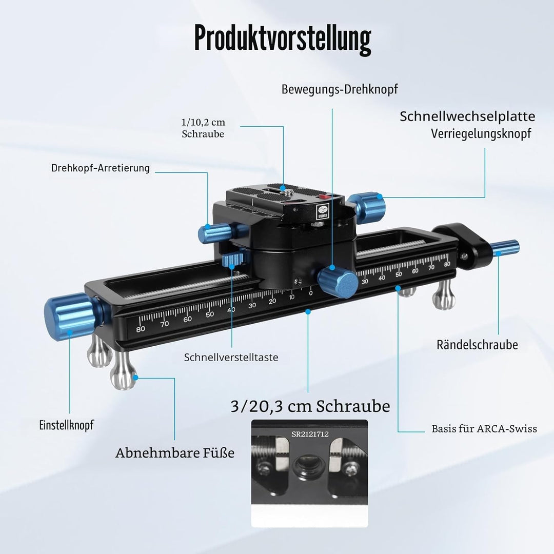 SIRUI MS18 180mm Makro-Fokus-Schiene, 360° drehbare Klemme, Arca-Swiss QR-Platte, für Kameras, Stati