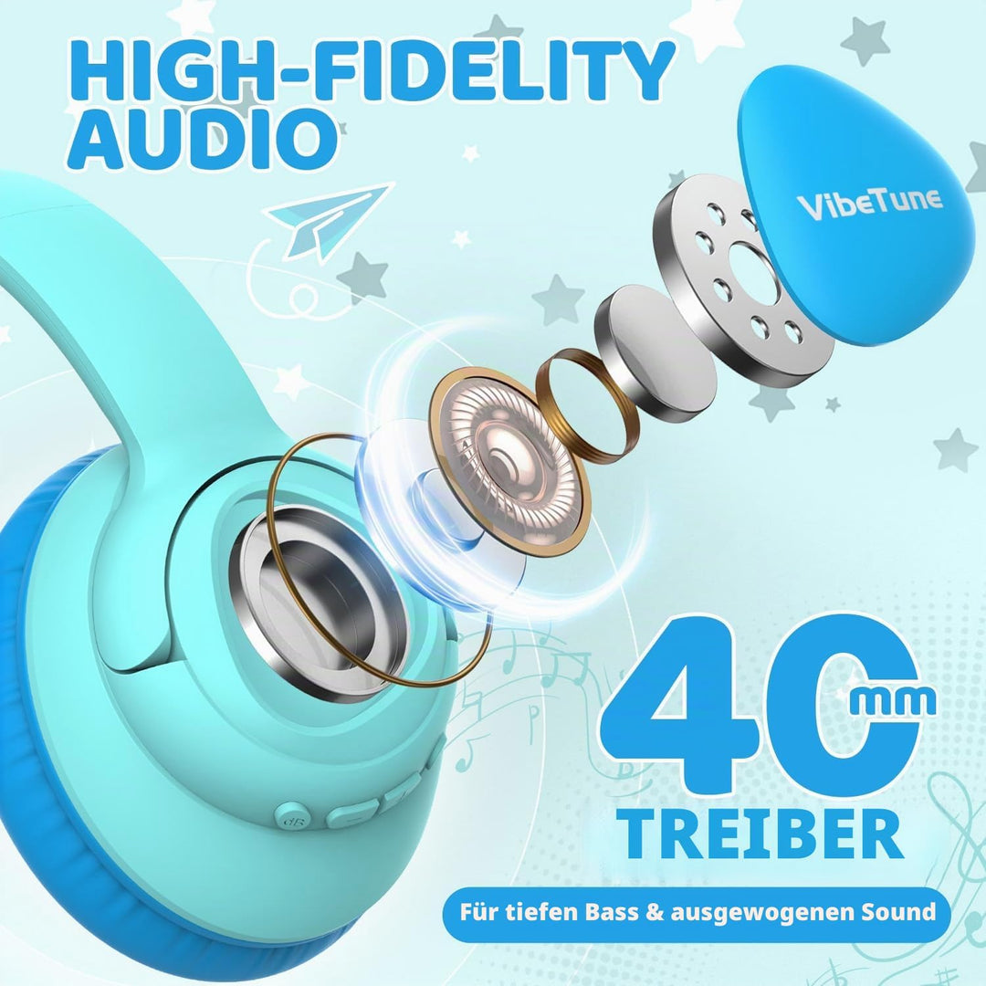 VibeTune Kinder Bluetooth Kopfhörer, 60 Stunden Spielzeit, Lautstärkebegrenzung 85/94dB, Bluetooth 5