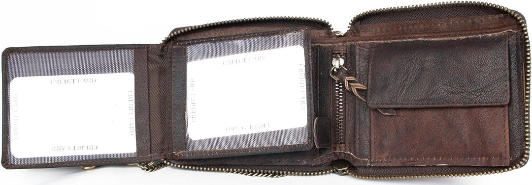 FLW Herren Biker Reissverschluss-um Naturleder Geldbörse mit einem Skorpion mit einer Kette