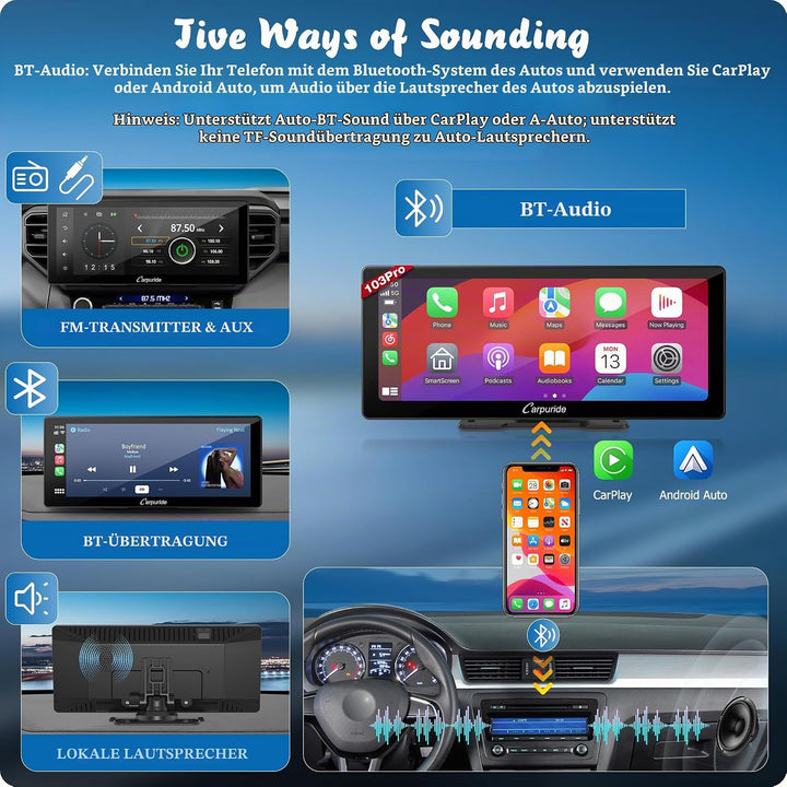 Carpuride W103 Pro Drahtloser Bluetooth Übertragung Tragbarer Apple Carplay &amp; Andorid Auto Autoradio
