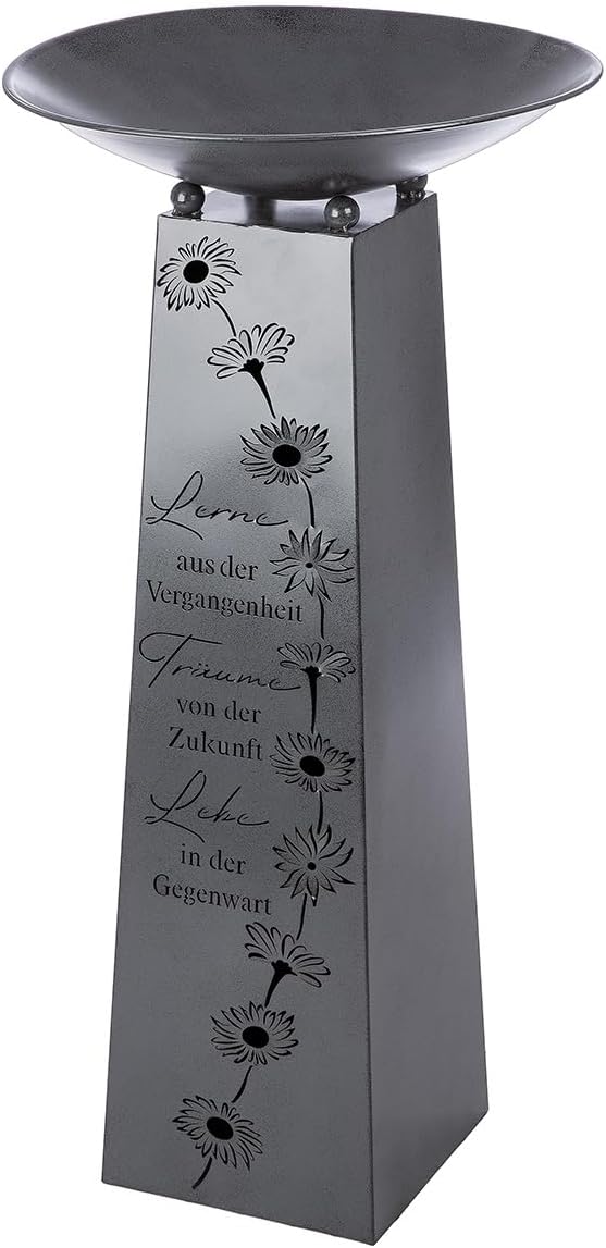 MF Dekorativer Metallständer mit Schale, Antik-Grau, 102 cm, Blumendesign mit Spruch 'Lerne Träume L