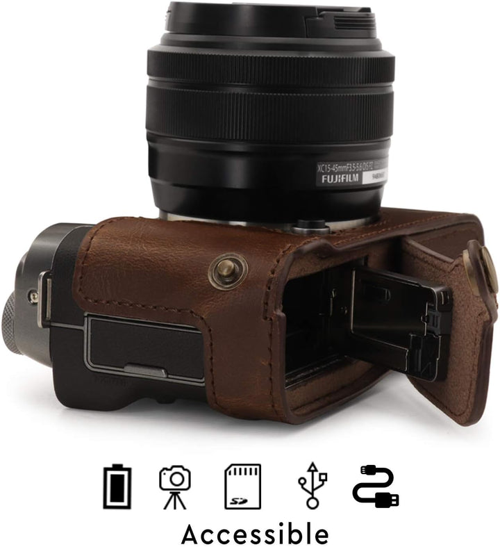 MegaGear Ever Ready Leder Kamera Halbtasche mit Trageriemen kompatibel mit Fujifilm X-A7 Dunkelbraun