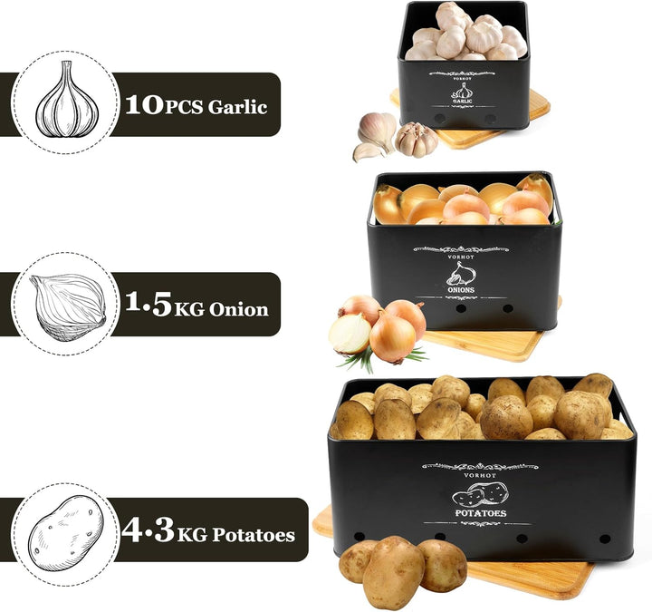 Kartoffel Aufbewahrungsbox, 3er Set Zwiebel Kartoffel Knoblauch Aufbewahrung, Kartoffelbox mit Decke