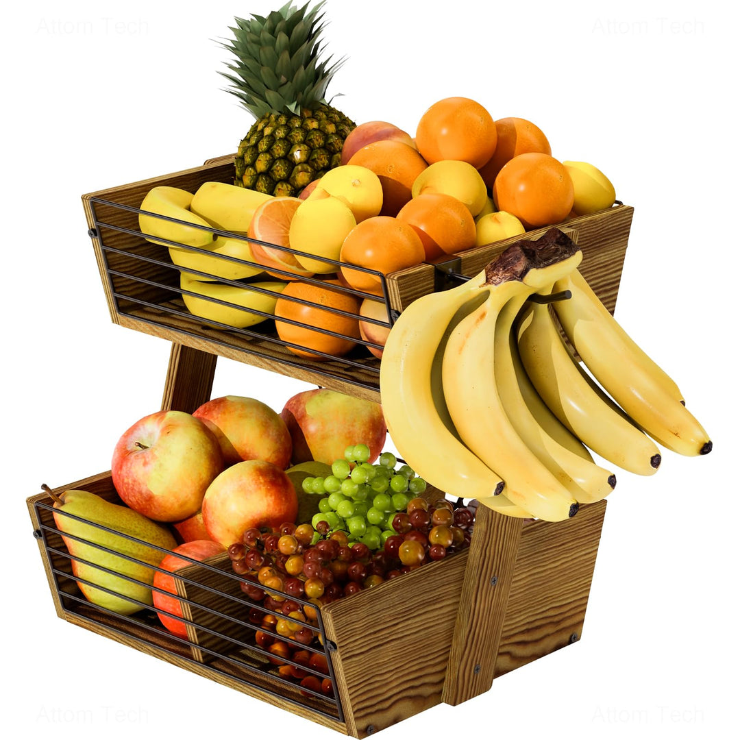 NiHome Holz Obstkorb, 2 Etagen Abnehmbarer Obstständer Aufbewahrung Halter zur Aufbewahrung von Obst