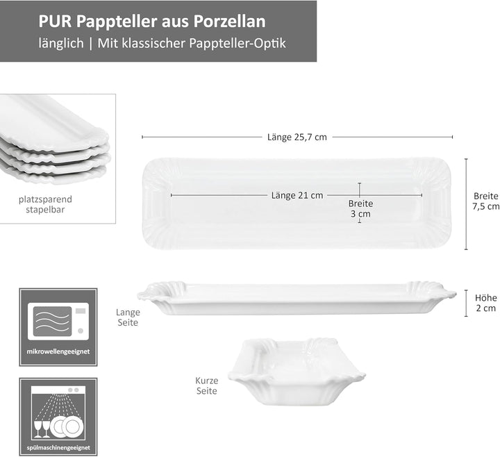 MamboCat 6er Set Pur Pappteller aus Porzellan I (LxB) 25,7x7,5cm I länglicher Teller mit Papp-Optik