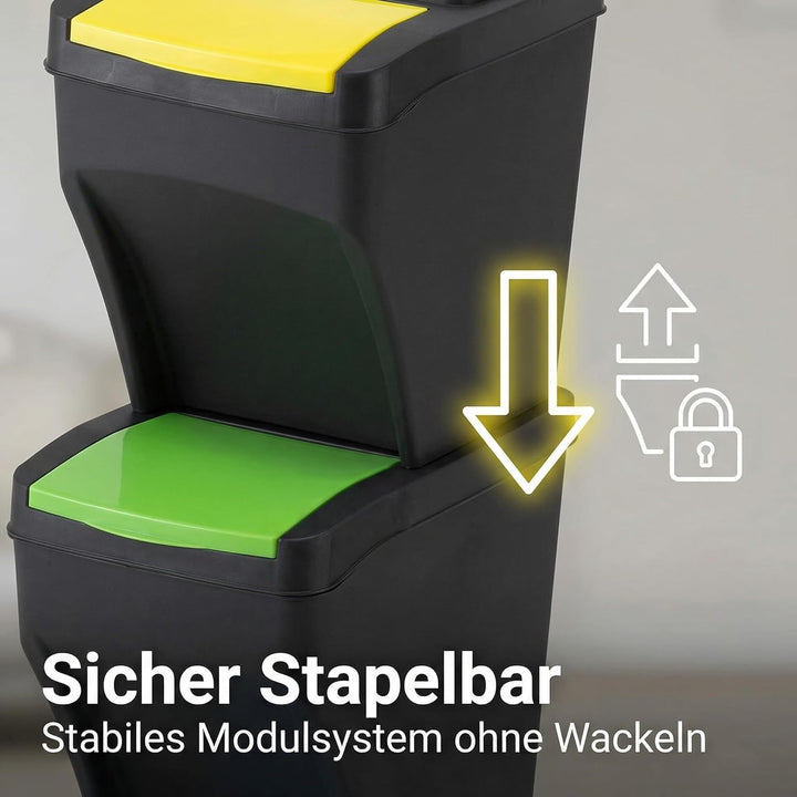 Practic 3 x 25L Mülleimer Küche Stapelbox 3 Fächer - Mülltonnenbox 3er - Abfalleimer Küche mit Decke