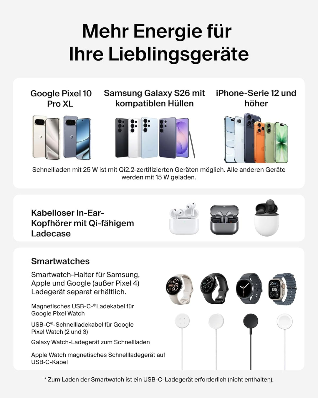 Belkin UltraCharge 3 in 1 Ladegerät, USB C Port für Smartwatch, Qi2.2 Wireless Charger, Induktive La