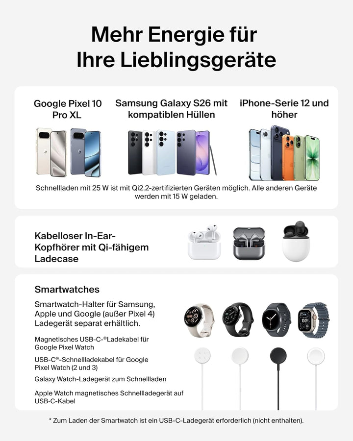 Belkin UltraCharge 3 in 1 Ladegerät, USB C Port für Smartwatch, Qi2.2 Wireless Charger, Induktive La