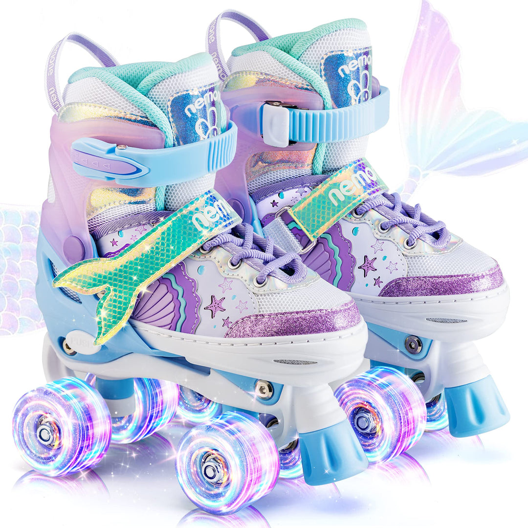 NEMONE Rollschuhe für Mädchen Kinder 4 Grössen Verstellbar Blau Violett Rollschuhe für Kinder Drinne