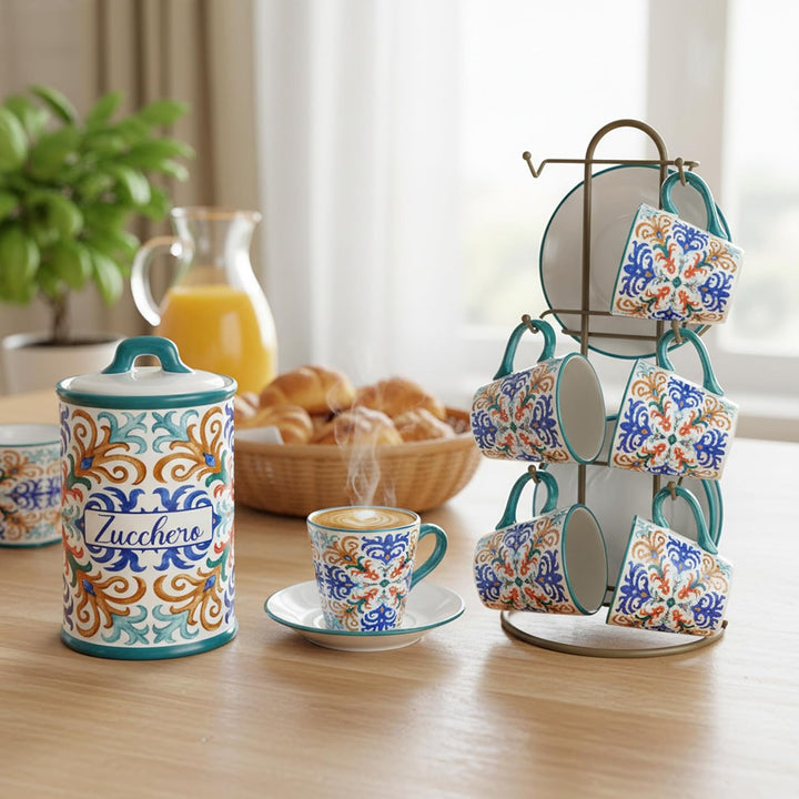 Baroni Home Set von dekorierten Keramik-Espressotassen mit Untertassen und Ständer, farbiges und rob