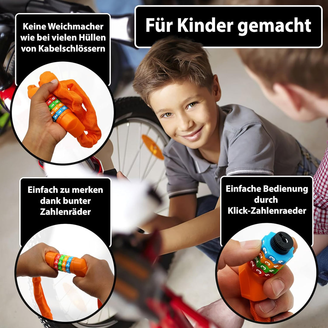 KOHLBURG Kinder Fahrradschloss Zahlenschloss 4 stellig [ohne Weichmacher, Stahlkette] - Kinderschlos