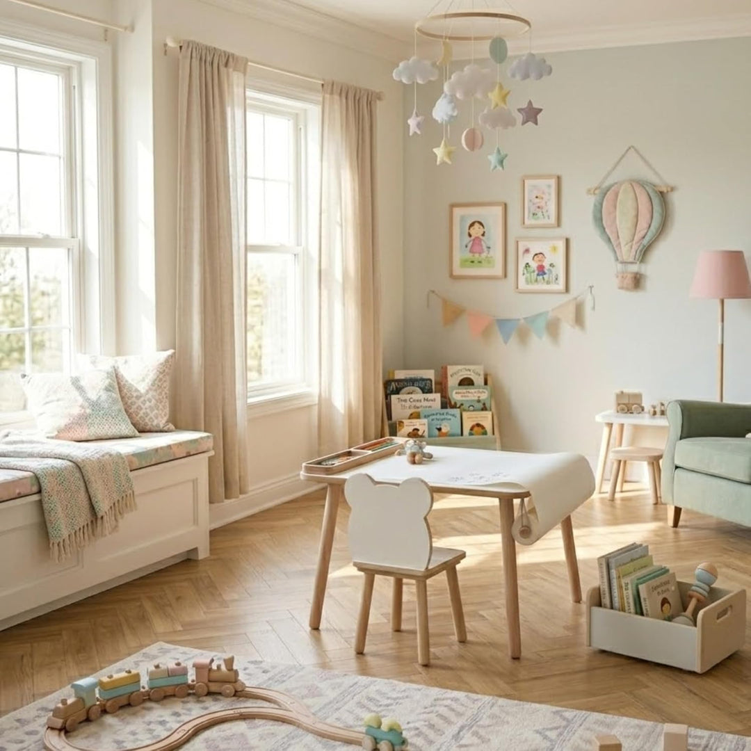 Kindertisch 50x 60x 47cm mit Papierrolle und Organizer– Holztisch für Kinderzimmer | Kinder Tisch, L