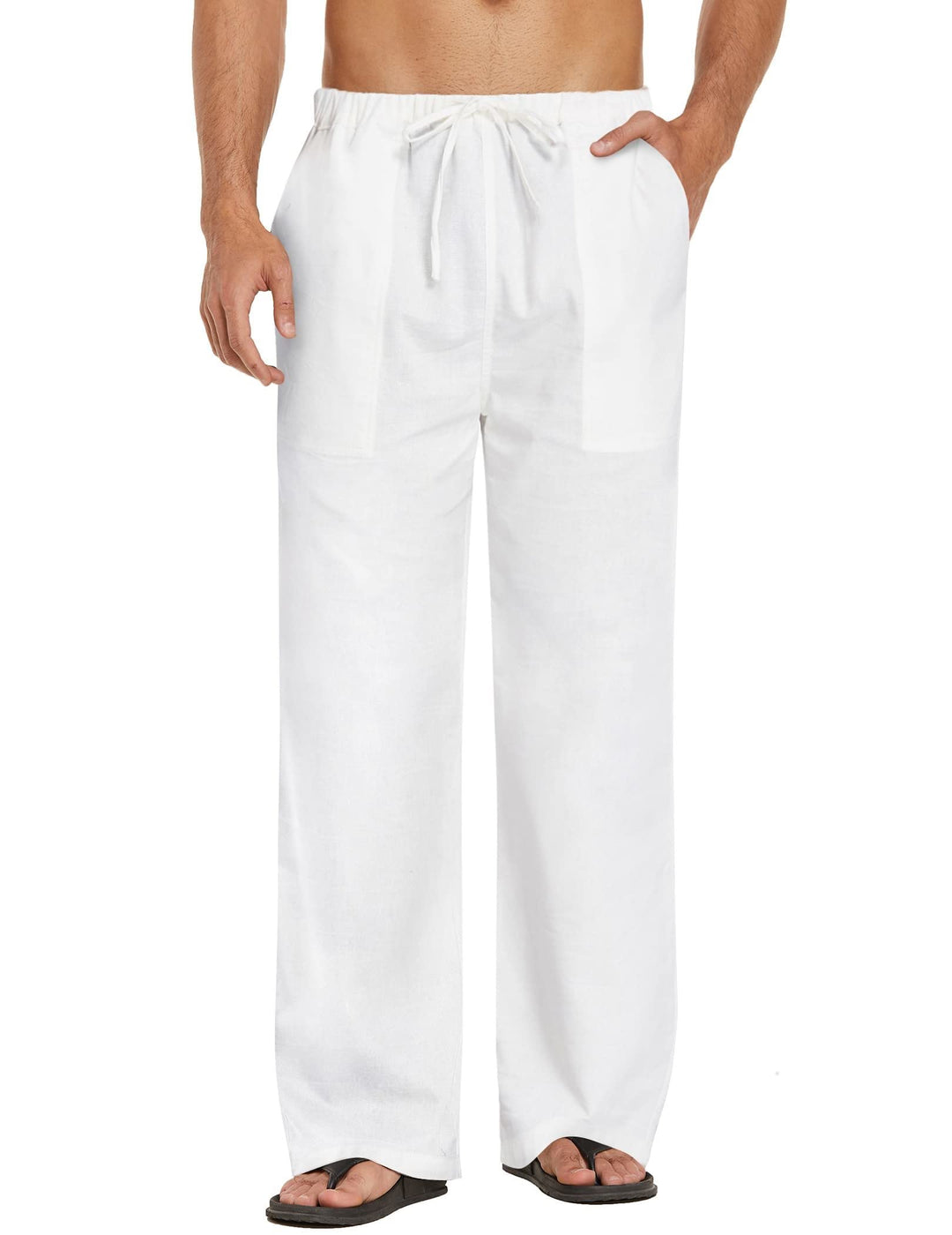 COOFANDY Herren Leinenhose mit Kordelzug Leicht Sommerhose Freizeithose Strandhose mit Tasche Weiss