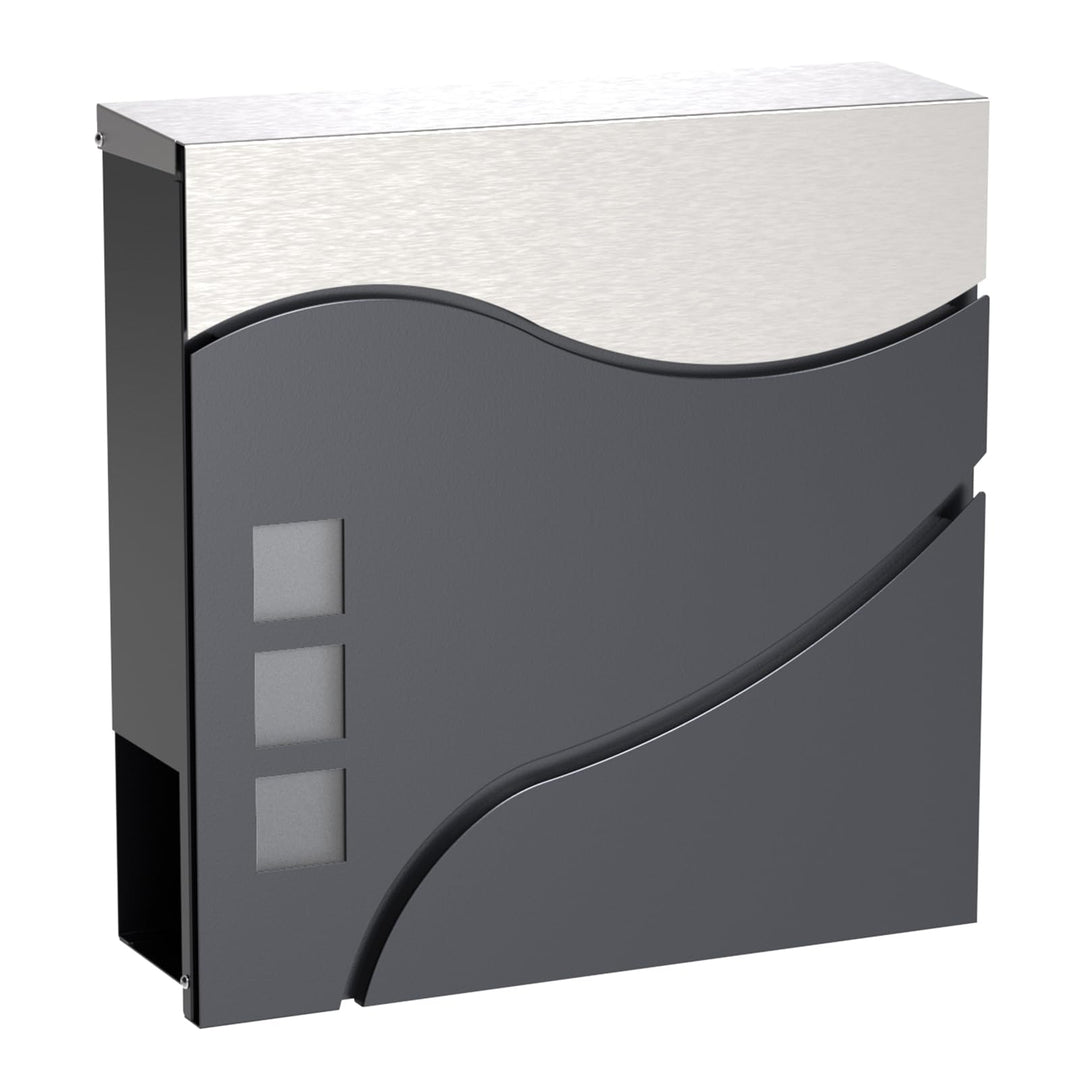Wiltec Designer Briefkasten V28 Anthrazit und Edelstahl 370 x 102 x 370 mm, Wandbriefkasten mit Schl