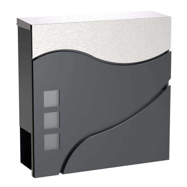 Wiltec Designer Briefkasten V28 Anthrazit und Edelstahl 370 x 102 x 370 mm, Wandbriefkasten mit Schl