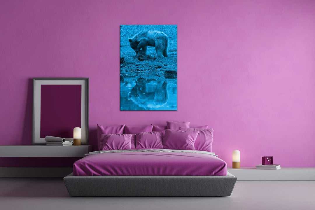 deyoli Verspielter brauner Bär Format 80x60 Effekt: Monocrome Blau als Leinwandbild, Motiv fertig ge