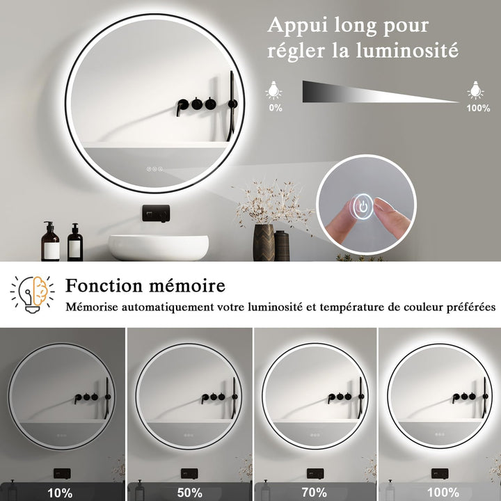 Badspiegel mit Beleuchtung 80cm - LED-Badezimmer-Spiegel Rund mit Bluetooth, Beschlagfrei, Touch-Sch