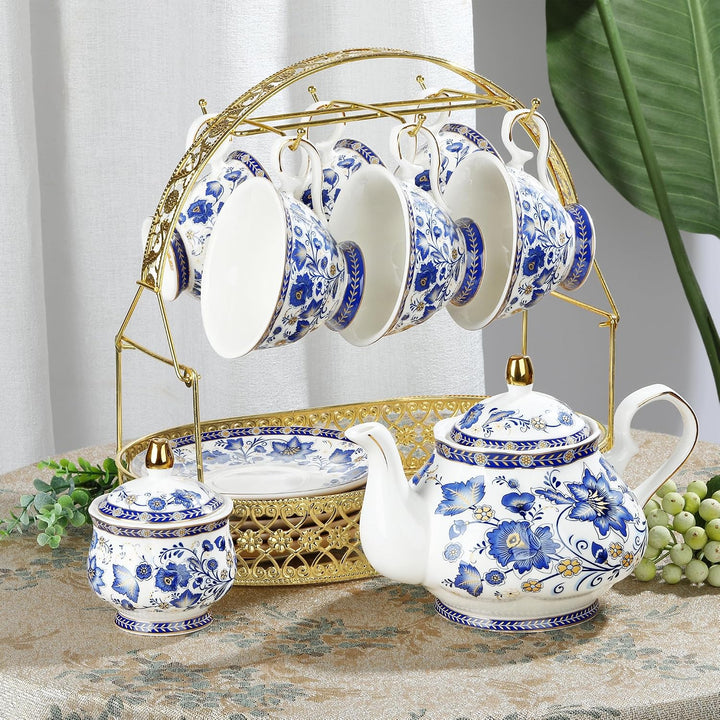 fanquare Blau Blume Porzellan Teeservice mit Metallständer, Vintage Porzellan Kaffeetasse und Untert