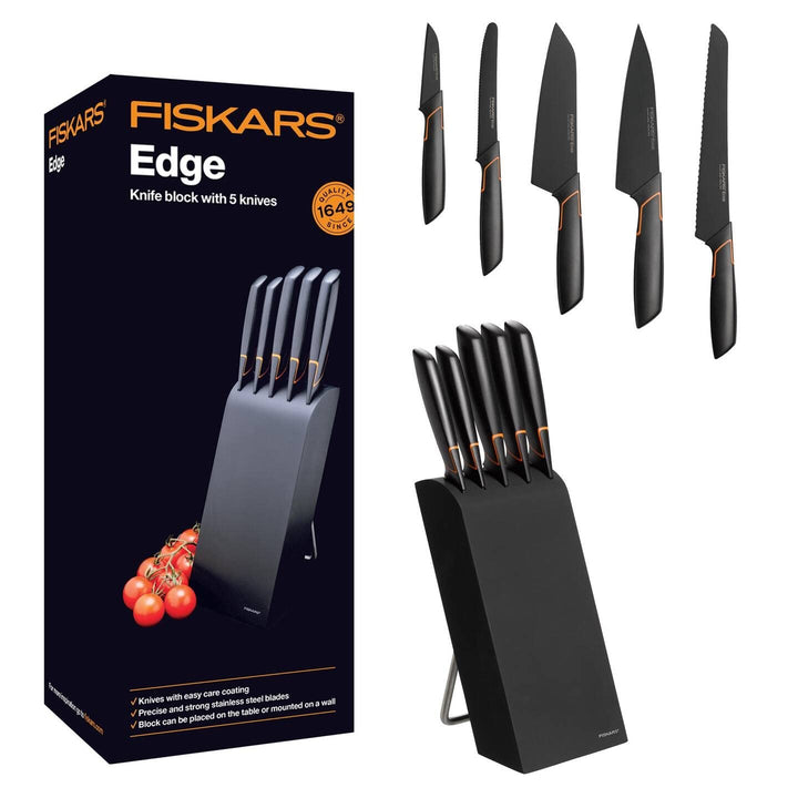 Fiskars Design-Messerblock mit 5 Messern, Breite: 15,5 cm, Höhe: 37 cm, Birkenholz, Schwarz, Edge, 1