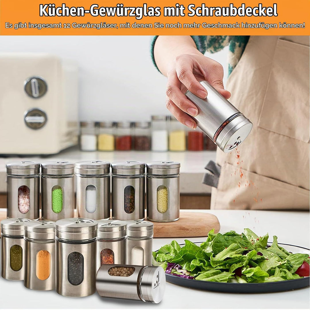 12Pcs Edelstahl Gewürzstreuer mit Deckel &amp; Sichtfenster, 100ml 3-Fach Streuregulierung Gewürzgläser