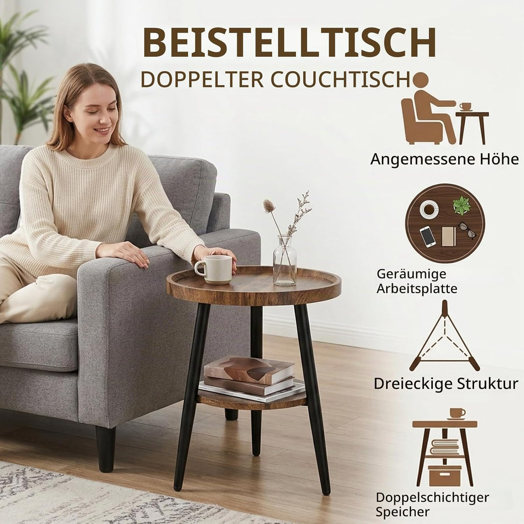 Beistelltisch Rund Holz | Runder Beistelltische Wohnzimmer | Couchtisch Klein mit Unterem Ablage | S