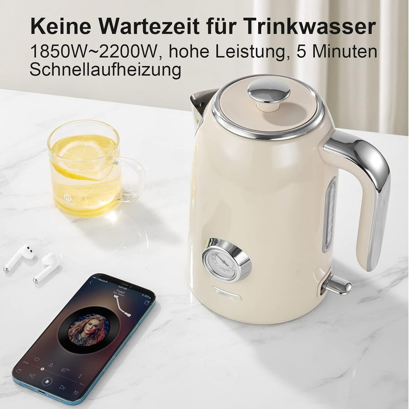 Wiltal Wasserkocher [1,7L, 2200W], Retro Creme, Edelstahl, Toaster Wasserkocher set Retro (Wassertem