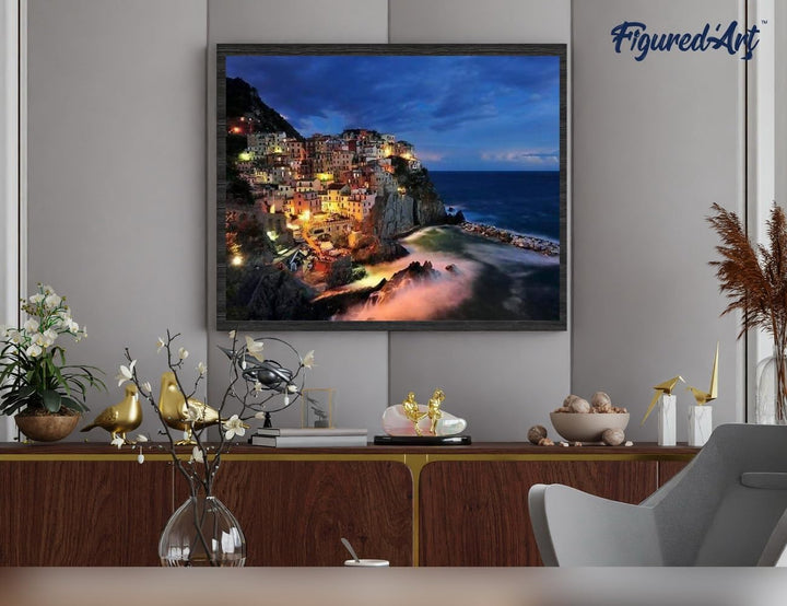 Figured'Art Malen Nach Zahlen Erwachsene Mit Rahmen Dorf am Meeresufer - Paint by Numbers Basteln DI