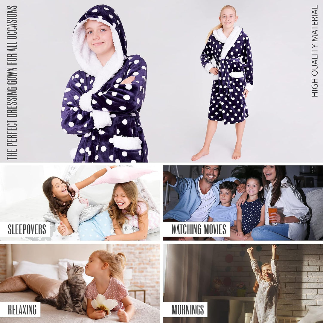 CityComfort Bademantel Kinder Mädchen, Fleece Morgenmantel Kinder Dressing Gown mit Punkten 11-12 Ja