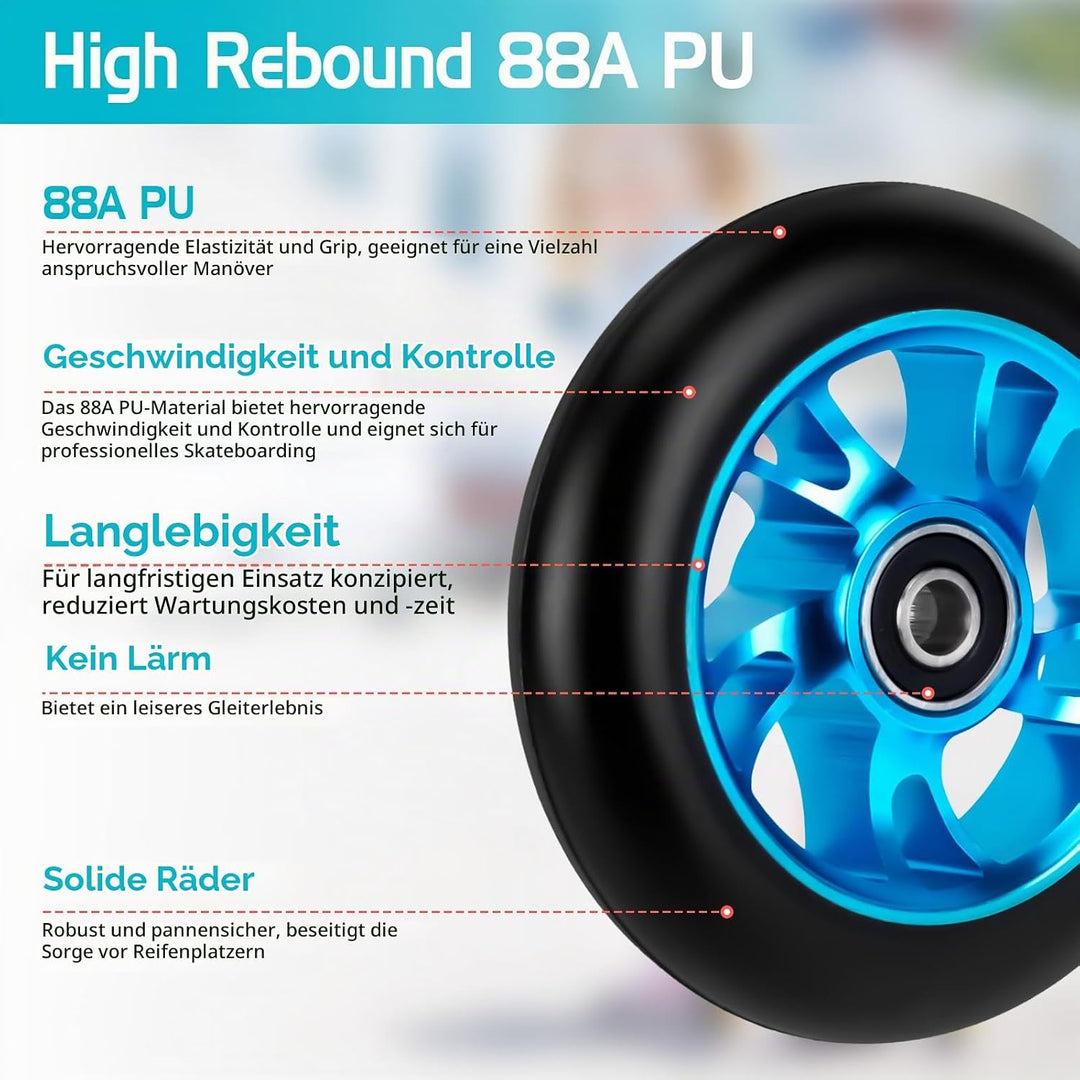 100mm Scooter Rollen Ersatzräder, 2 Stück 88A Stunt Scooter Rollen mit ABEC-9 Lager aus Aluminiumleg