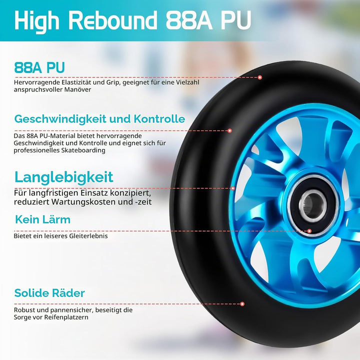 100mm Scooter Rollen Ersatzräder, 2 Stück 88A Stunt Scooter Rollen mit ABEC-9 Lager aus Aluminiumleg