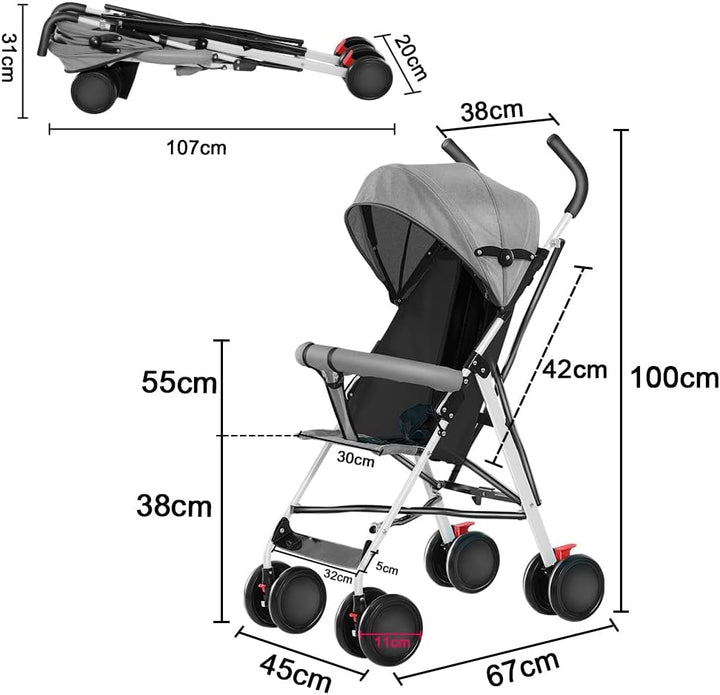 4 Kinderwagen D-Grau, leichter Rahmen, mehrere Positionen, kompakt, 6 Monate bis 4 Jahre, bis 25 kg,