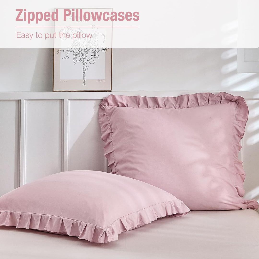 Lekesky Rüschen Rosa Bettwäsche 200x200 cm 3 Teilig Mädchen Mikrofaser Bettwäsche Blumen mit Reissve