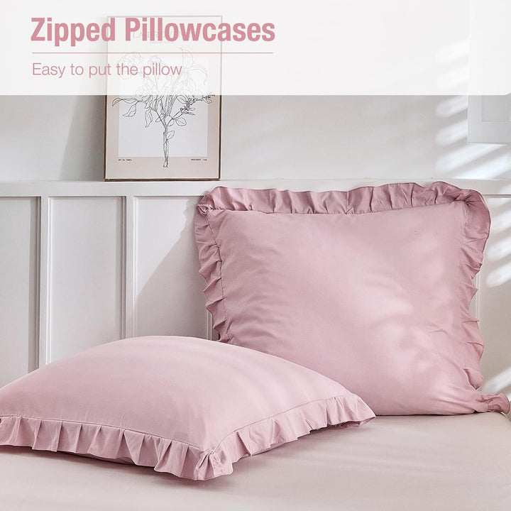 Lekesky Rüschen Rosa Bettwäsche 200x200 cm 3 Teilig Mädchen Mikrofaser Bettwäsche Blumen mit Reissve