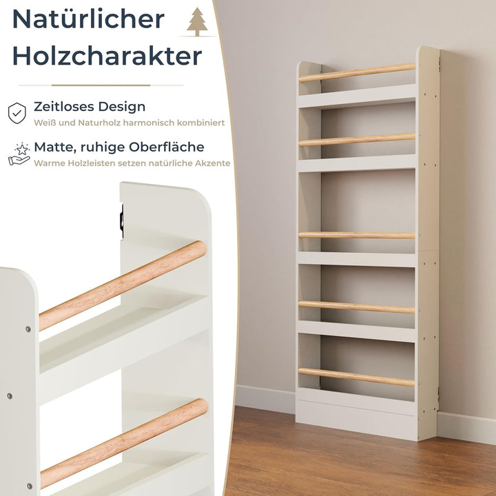 Bücherregal Kinder mit 5 Ablagen, Montessori Kinderbücherregal zur Wandmontage, Wandregal für Bücher