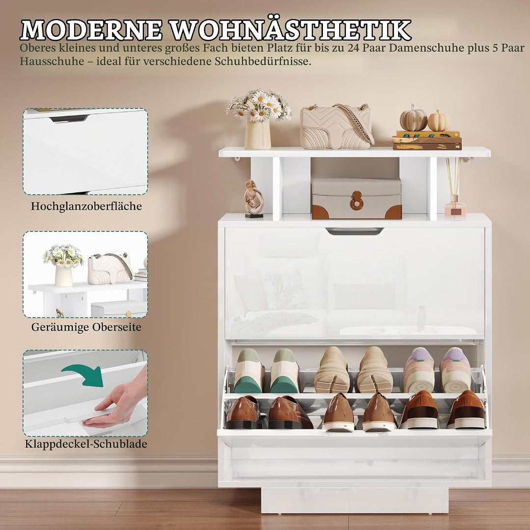 YITAHOME Schuhschrank Schmal Hochglanz, Schuhkipper mit 2 Klappen,80 x 24 x 106 cm Schuhregal schmal