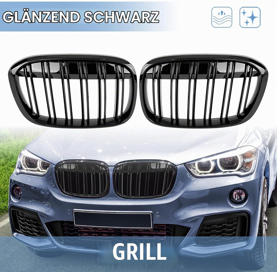 Gangying Kühlergrill Passend für BMW X1 F48 F49 2016 2017 2018 2019 Schwarz Glanz Kühler Front Doppe