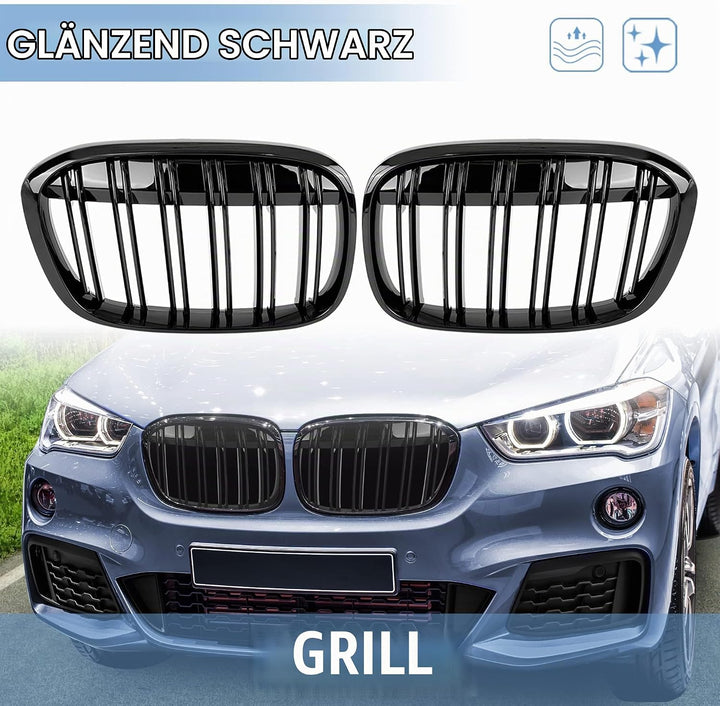 Gangying Kühlergrill Passend für BMW X1 F48 F49 2016 2017 2018 2019 Schwarz Glanz Kühler Front Doppe