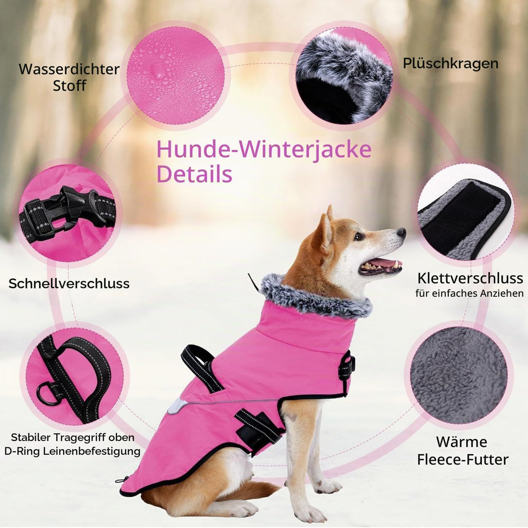 LIANZIMAU Wasserdichter Hundemantel mit Geschirr Wintermantel Hundepullover Fleece Reflektierende Hu